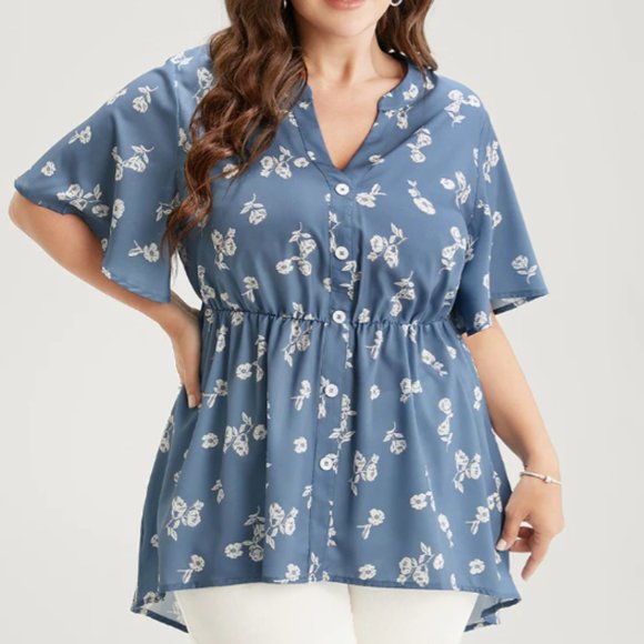 BloomChic Floral Asymmetrical Hem Notched Button Detail Ruffle Sleeve Blouse - Picture 1 of 1
